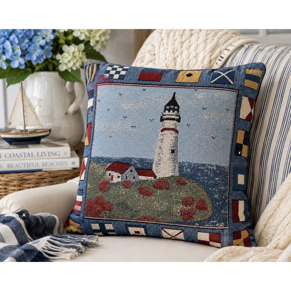 VTG Lighthouse Nautical Flags Pillow Coastal Scene Blue 16" × 16" Beach Tapestry
